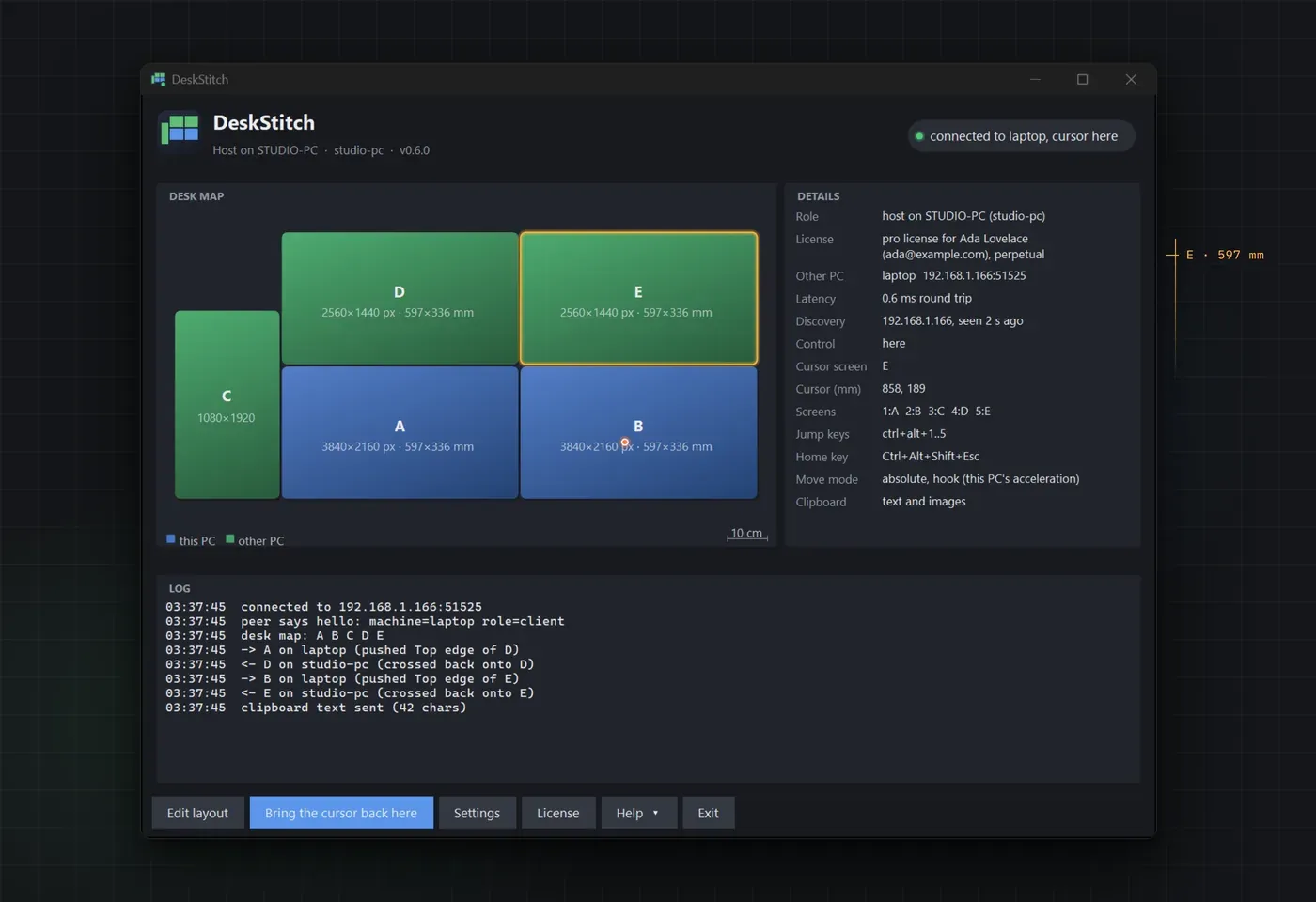 DeskStitch desk map showing five screens across two PCs
